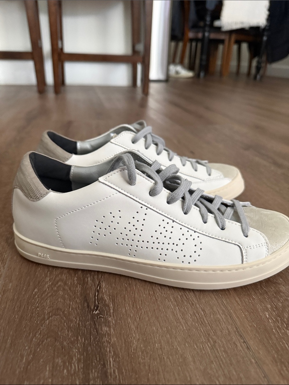 P448 White Leather Sneakers with Gray Suede and Laces
